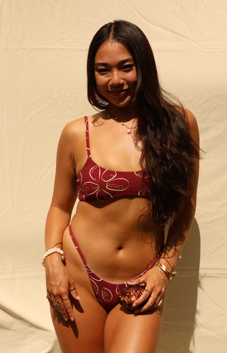 tai swim alana bottom in cowry maroon white shell print pattern on skimpy brazilian style bikini bottom
