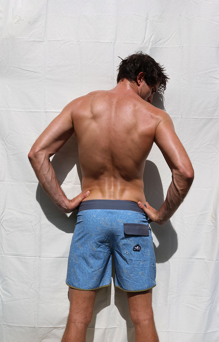 tai swim co ahi fish hand drawn design boardshorts from sustainable local brand tai swim hawaii kailua hawaiian owned brand short inseam luxury boardshorts made in hawaii