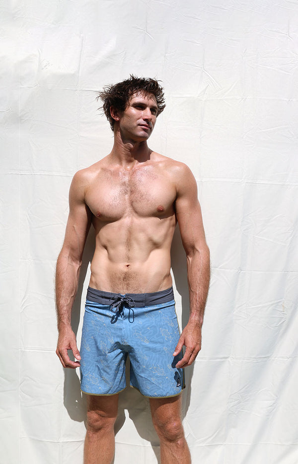 tai swim co ahi fish hand drawn design boardshorts from sustainable local brand tai swim hawaii kailua hawaiian owned brand short inseam luxury boardshorts