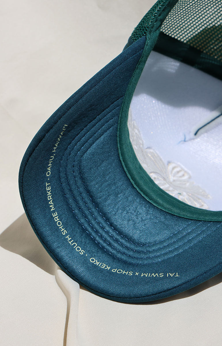 tai swim co embroidered trucker foam hat from kailua oahu made from recycled materials with hand woven embroidery local beach girl hat from hawai'i in kailua shop keiko collaboration