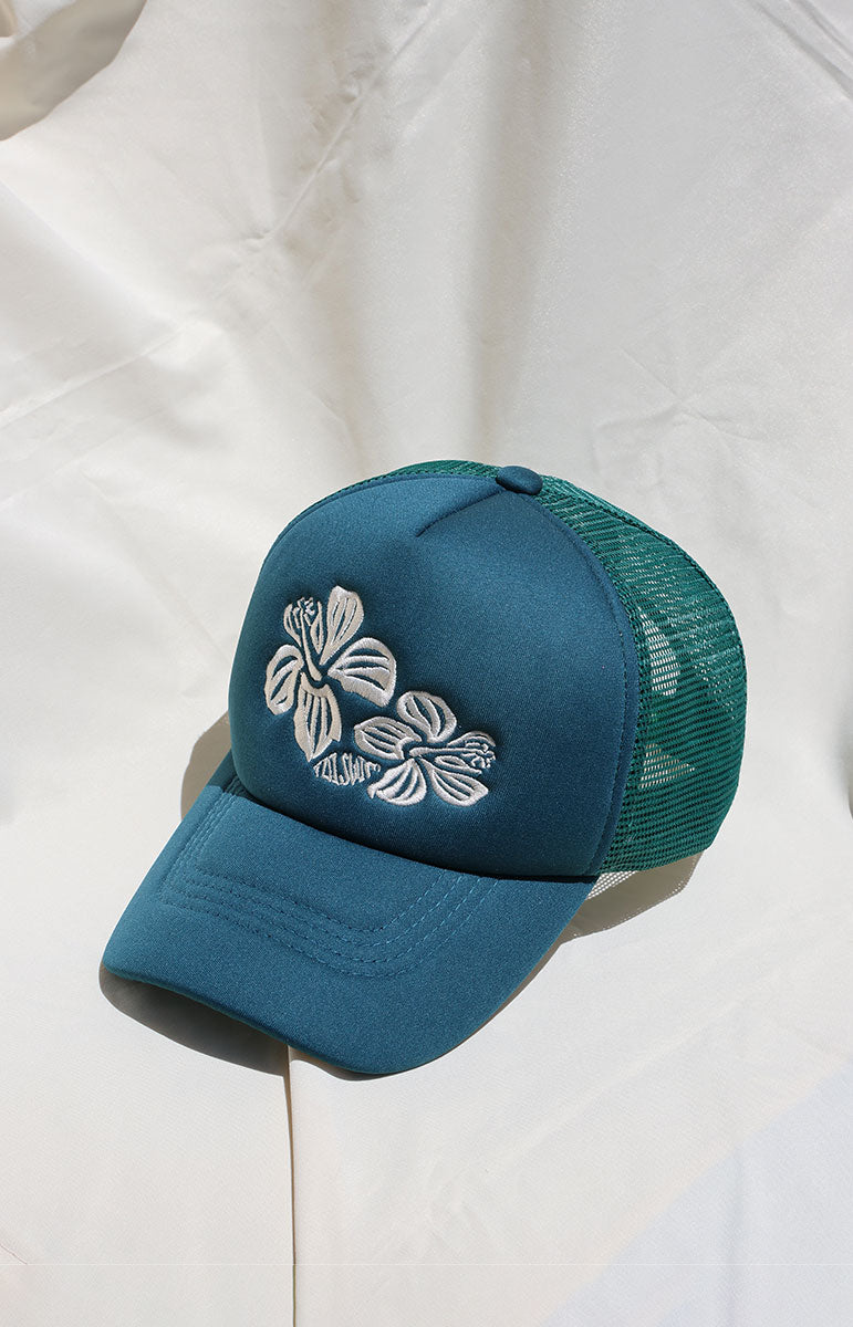 tai swim co embroidered trucker foam hat from kailua oahu made from recycled materials with hand woven embroidery local beach girl hat from hawai'i in kailua shop keiko collaboration