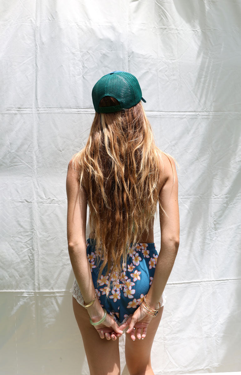 tai swim co embroidered trucker foam hat from kailua oahu made from recycled materials with hand woven embroidery local beach girl hat from hawai'i in kailua shop keiko collaboration