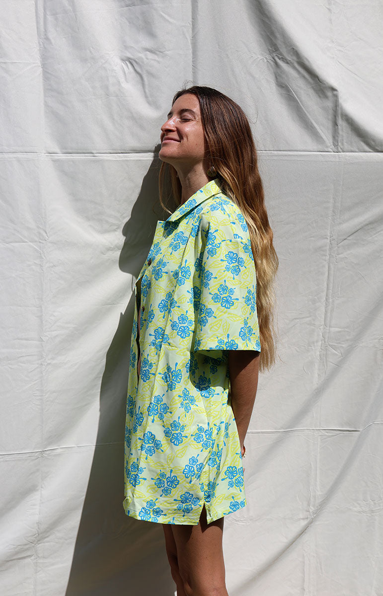 tai swim co braden shirt in avalon channel islands bikinis swimwear stores on catalina island blue hibiscus floral yellow swimwear tops and bottoms from hawaii sustainable skimpy swimsuits blue hawaii hibiscus floral bikini tops and bottoms