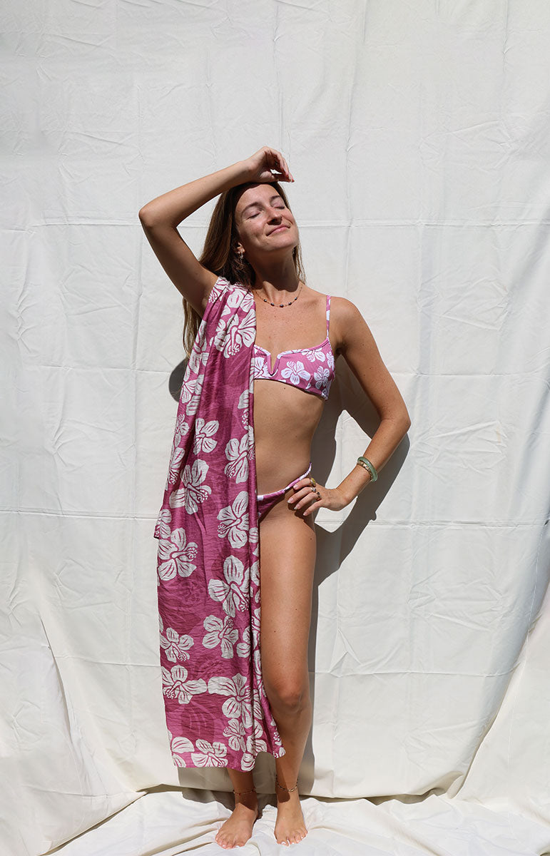 tai swim co coco sarong in hana pink floral vintage hawaii style woodblock printing techniques organic lyocell fabric from oahu silky hawaiian pareo
