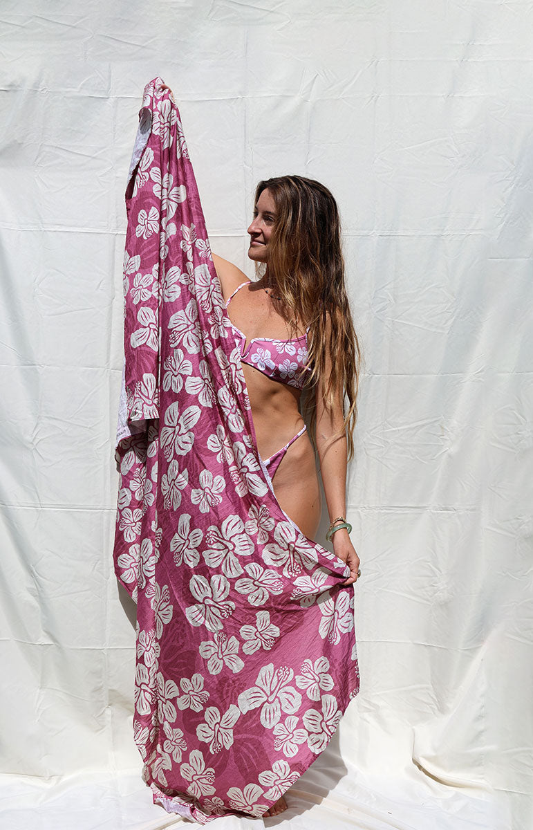 tai swim co coco sarong in hana pink floral vintage hawaii style woodblock printing techniques organic lyocell fabric from oahu