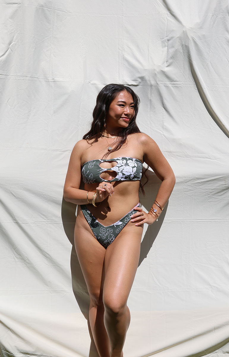 tai swim co green devin pua bandeau strapless open keyhole bikini top and triple three strap back bikini top from oahu kailua hawaii seamless sustainable reversible swimwear