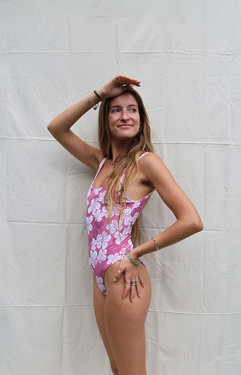 tai swim co ella one piece in hana pink white hand drawn floral print from oahu kailua hawaii vintage oahu swimwear tai swim hanakini swim collaboration drop strappy scoop neck one piece supportive surfing bikini one piece swimsuit from hawaii kailua skimpy strappy bikini