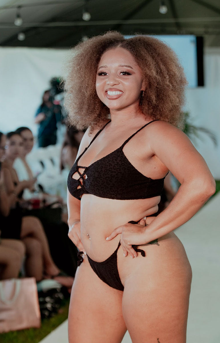 tai swim co evelyn bottom in hiwahiwa black strappy lace up side tie with animal print textured fabric on oahu in kailua in hawaii