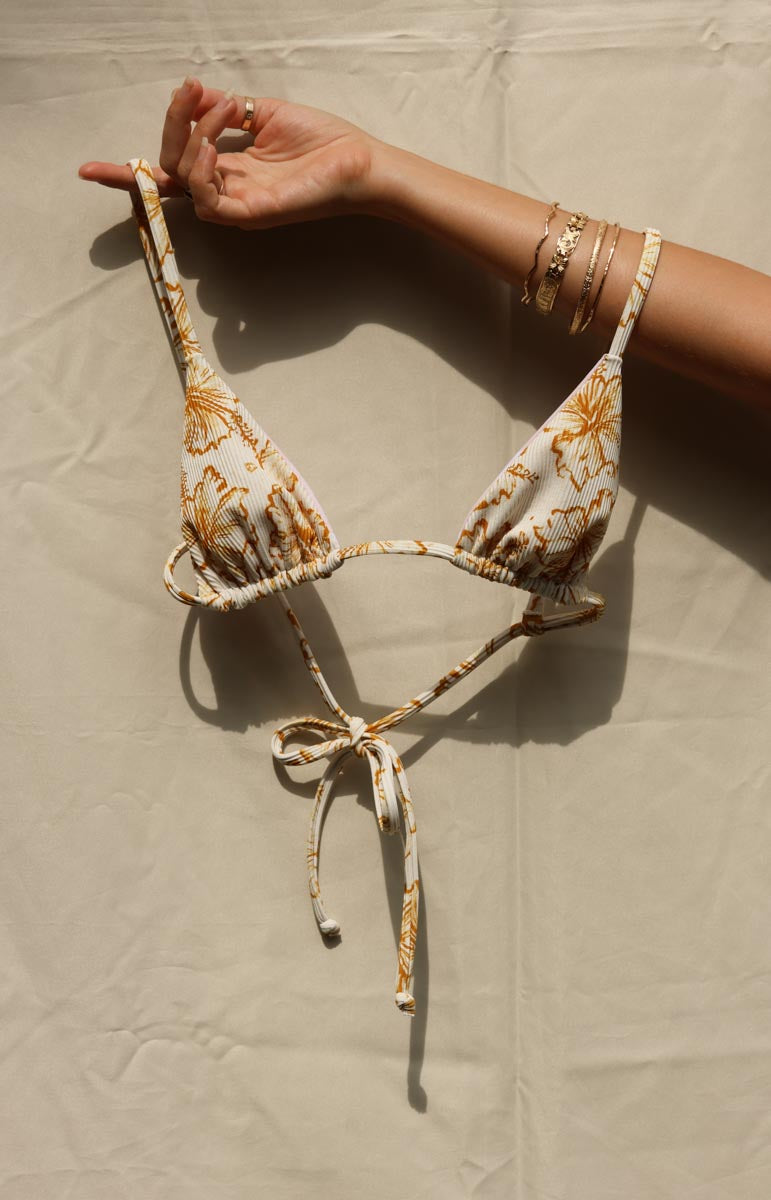 tai swim co floral joelle triangle swim top with yellow hand drawn flowers waimea print