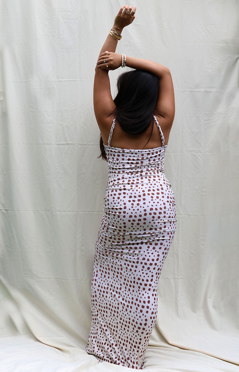 tai swim co shell print willow maxi dress in kapa sustainable swimwear brand from oahu kailua hawaii detailed geometric abstract print from oahu kailua hawaii thin strap adjustable mermaid shape skimpy bikinis dress from kailua oahu