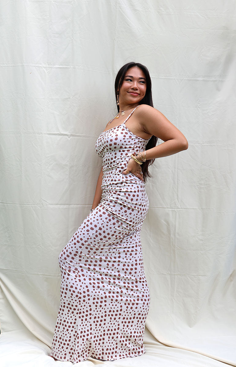 tai swim co shell print willow maxi dress in kapa sustainable swimwear brand from oahu kailua hawaii detailed geometric abstract print from oahu kailua hawaii thin strap adjustable mermaid shape skimpy bikinis dress on size medium