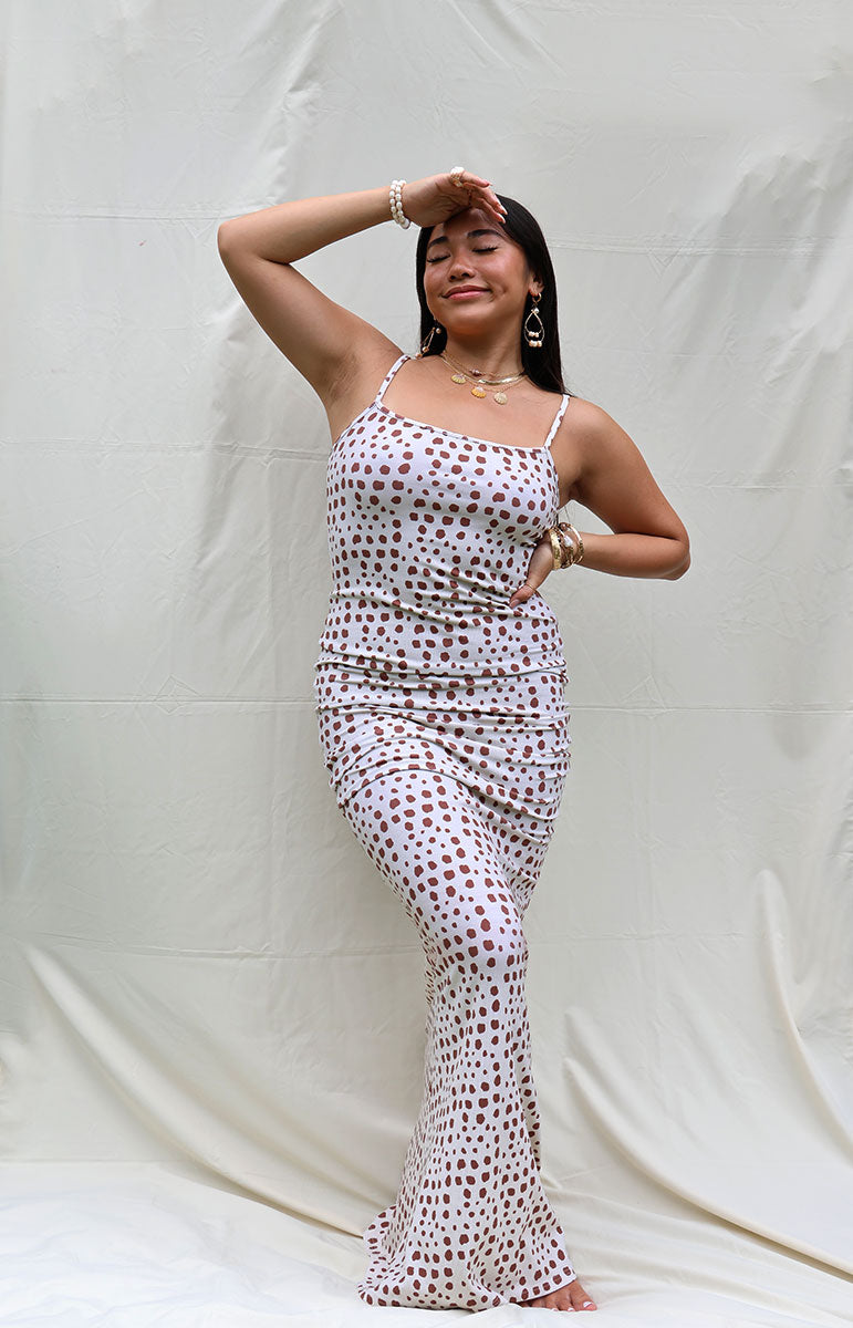 tai swim co shell print willow maxi dress in kapa sustainable swimwear brand from oahu kailua hawaii detailed geometric abstract print from oahu kailua hawaii thin strap adjustable mermaid shape skimpy bikinis dress
