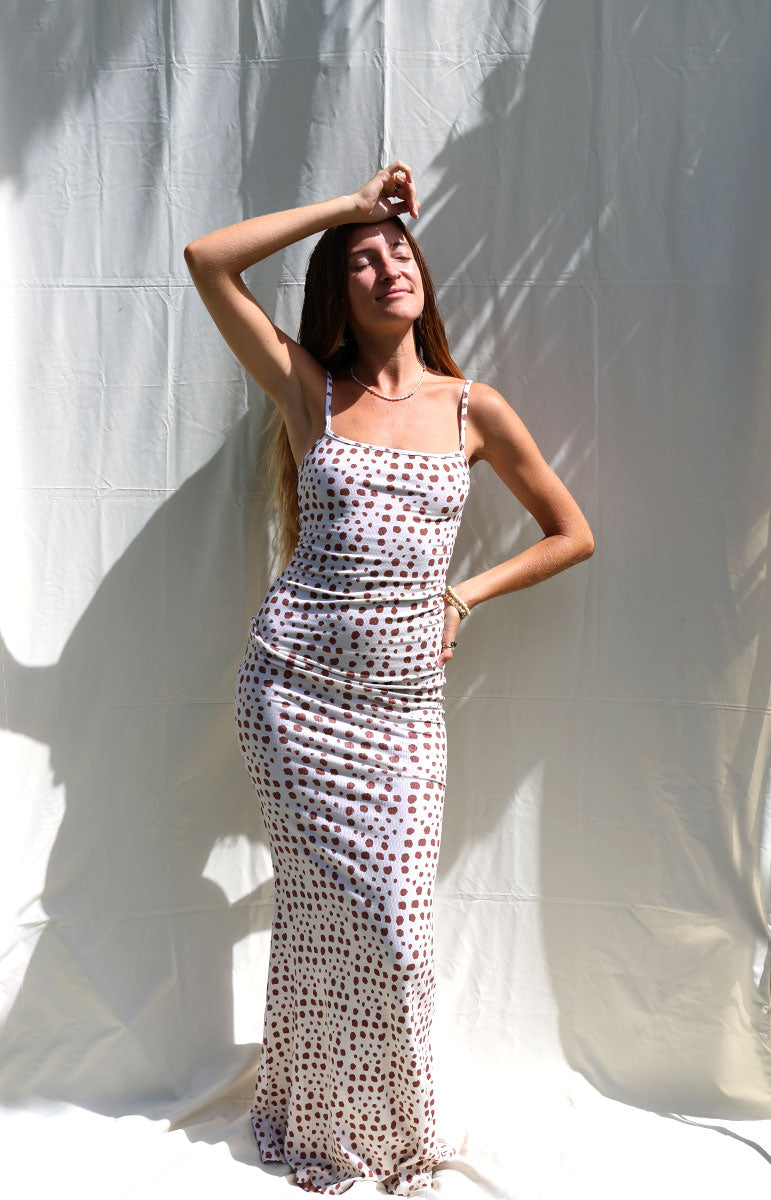 tai swim co shell print willow maxi dress in kapa sustainable swimwear brand from oahu kailua hawaii detailed geometric abstract print from oahu kailua hawaii thin strap adjustable mermaid shape skimpy bikinis dress thin strap swimwear matching dress