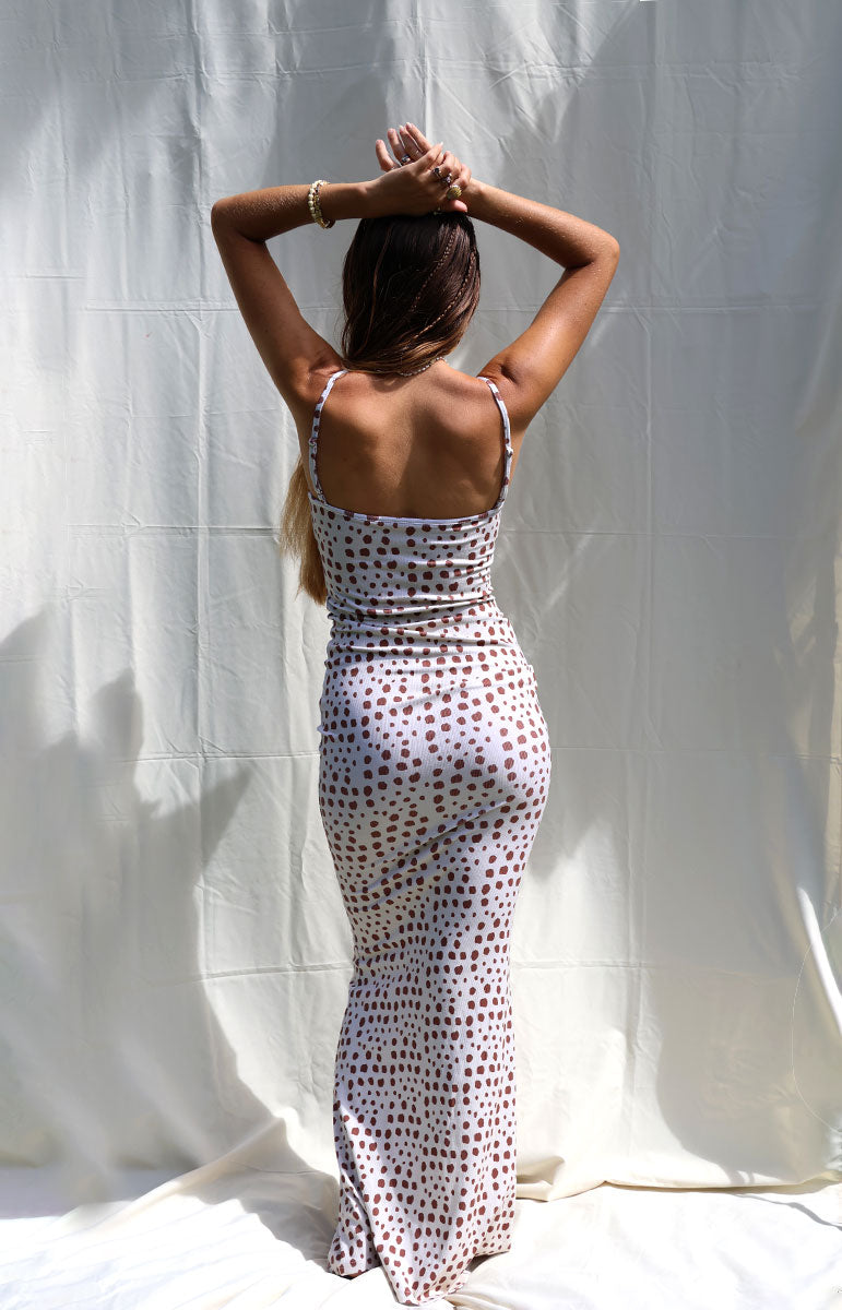 tai swim co shell print willow maxi dress in kapa sustainable swimwear brand from oahu kailua hawaii detailed geometric abstract print from oahu kailua hawaii thin strap adjustable mermaid shape skimpy bikinis dress adjustable straps sustainable materials