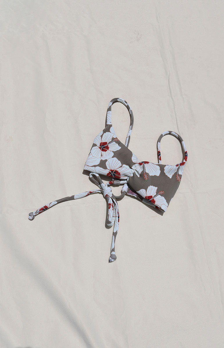 tai swim co keala top in ribbed eco friendly sensitive skin friendly scrunchy bra tank top with adjustable back ties and inner comfort lining fabric with long ties to adjust fit matching mom's bikini at tai swim co