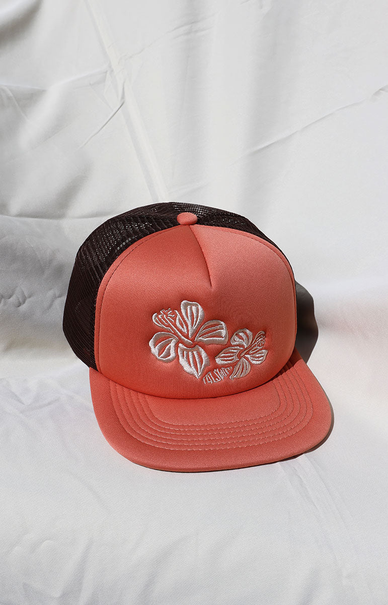 tai swim co logo pink embroidered adjustable foam pink trucker hat in unreleased hana print