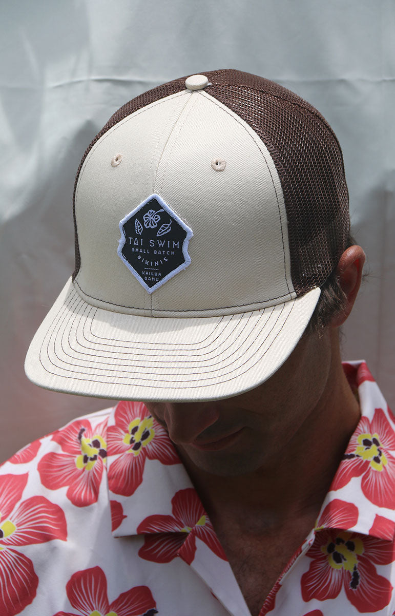 tai swim co logo patch adjustable cream brown and tan tai swim co patch hat with custom embroidery and sun protection coverage quality handcrafted sustainable sun caps