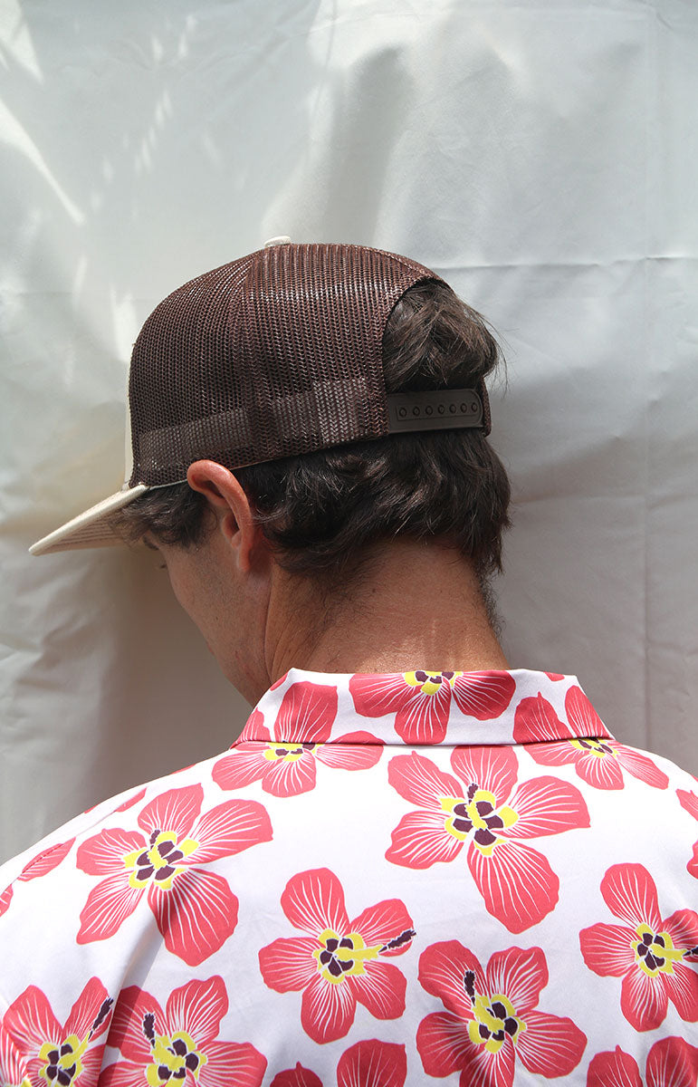 tai swim co logo patch adjustable cream brown and tan tai swim co patch hat with custom embroidery and sun protection coverage quality handcrafted sustainable sun caps kailua oahu