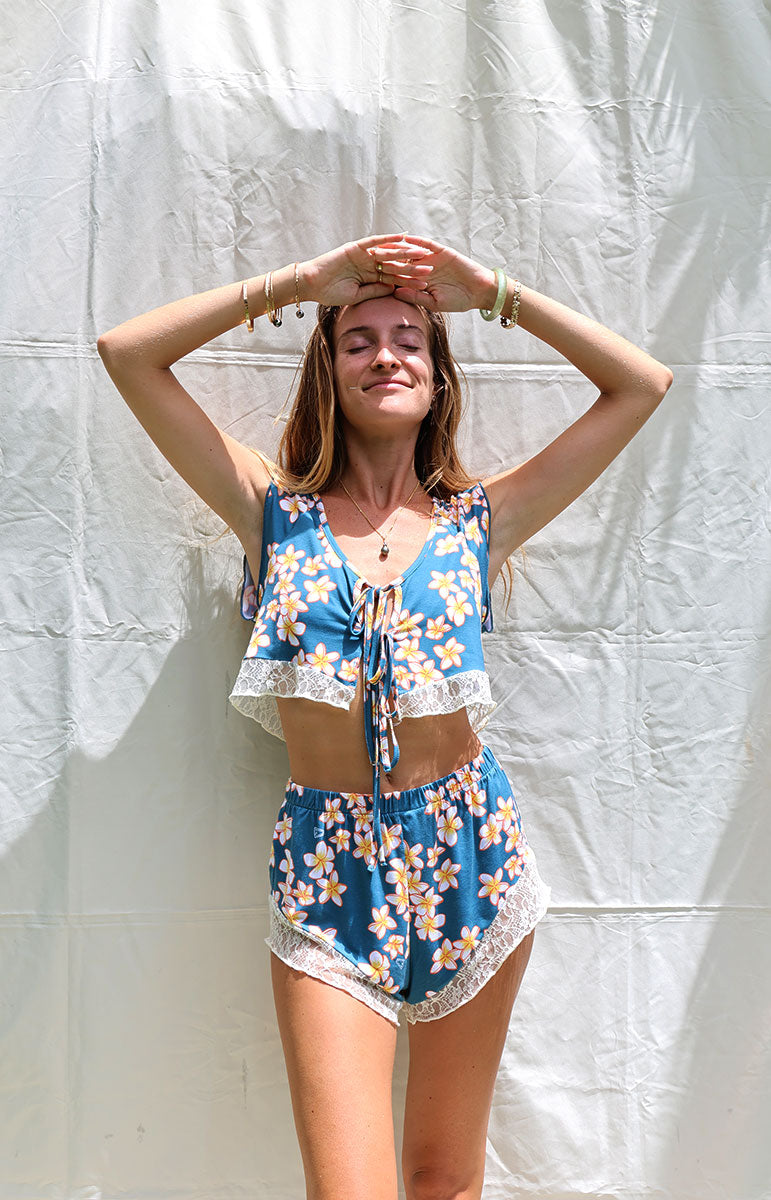 tai swim co maka bottom lace pajama pants shorts made from cotton floral blue plumeria from oahu hawaii kailua hawaii designer