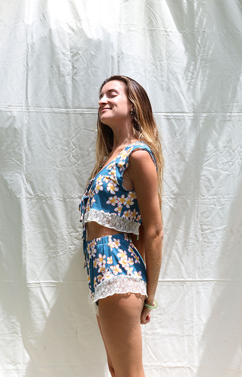 tai swim co maka bottom lace pajama pants shorts made from cotton floral blue plumeria from oahu hawaii kailua hawaii designer matching swimwear sets from kailua