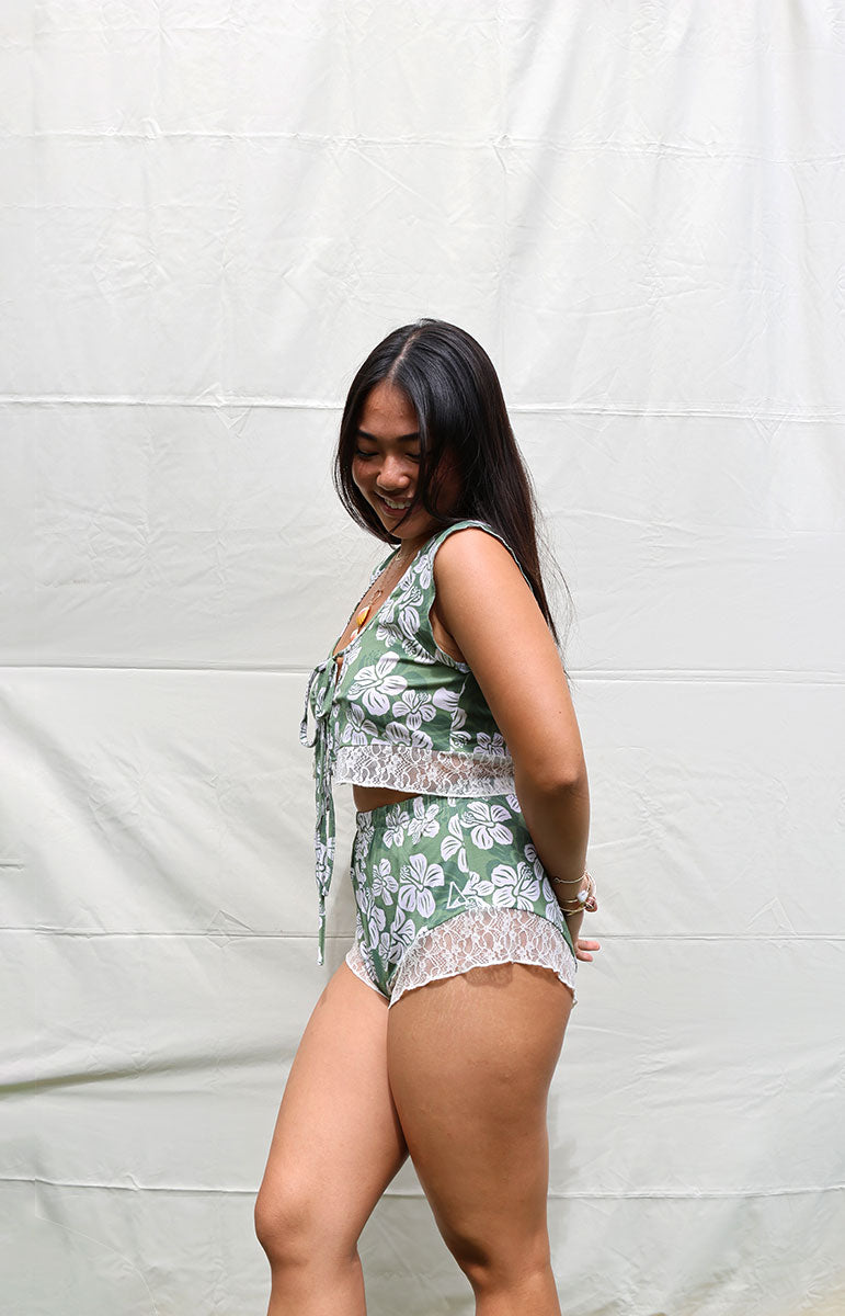 tai swim co cotton lace modal comfy cozy stretchy soft shorts with waialua green and white floral print made from recycled materials and eco lace kailua oahu hawaii