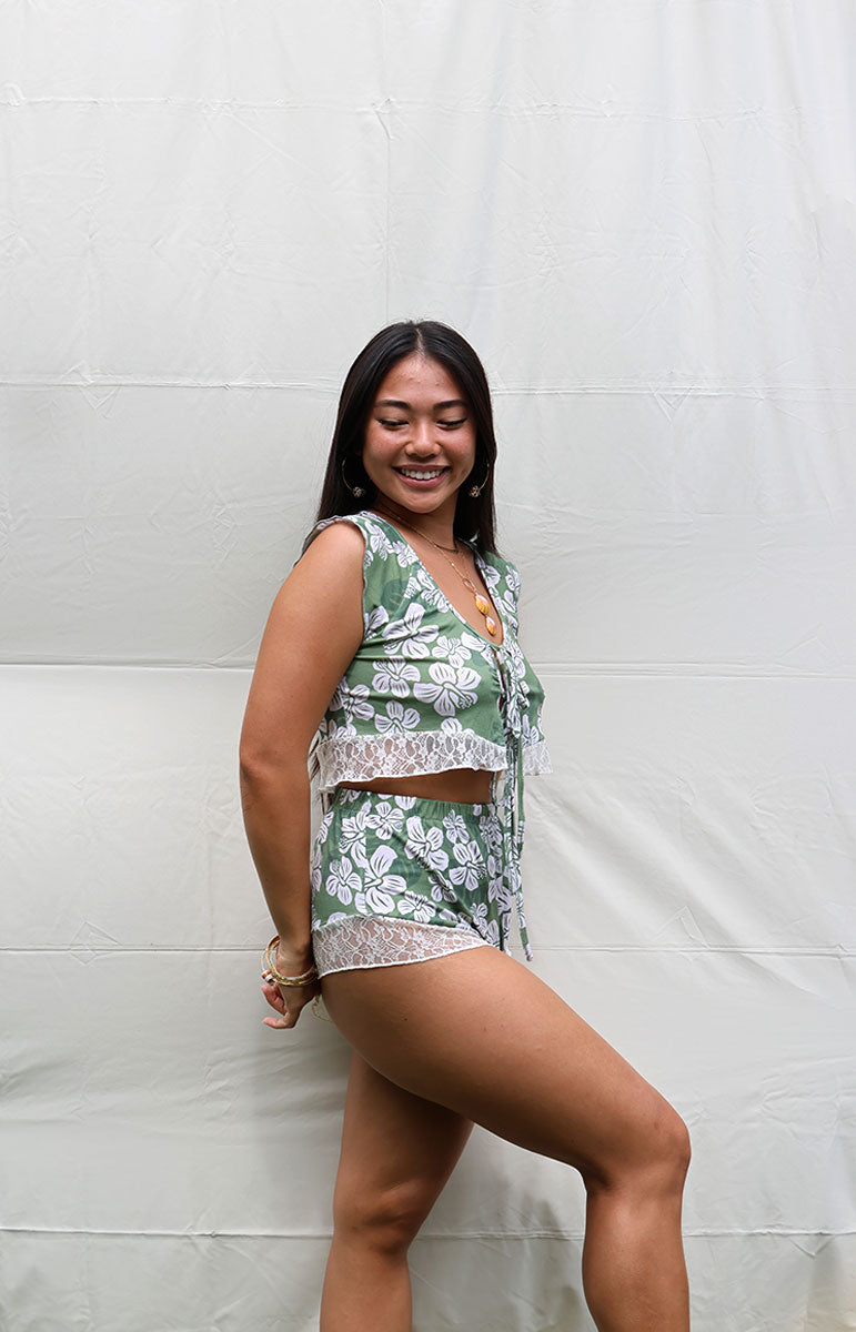 tai swim co maka top in waialua print green floral cheeky bikini top silky pajama lace comfy cozy boho soft set from kailua oahu hawaii green sage simple bikini tops and bottoms