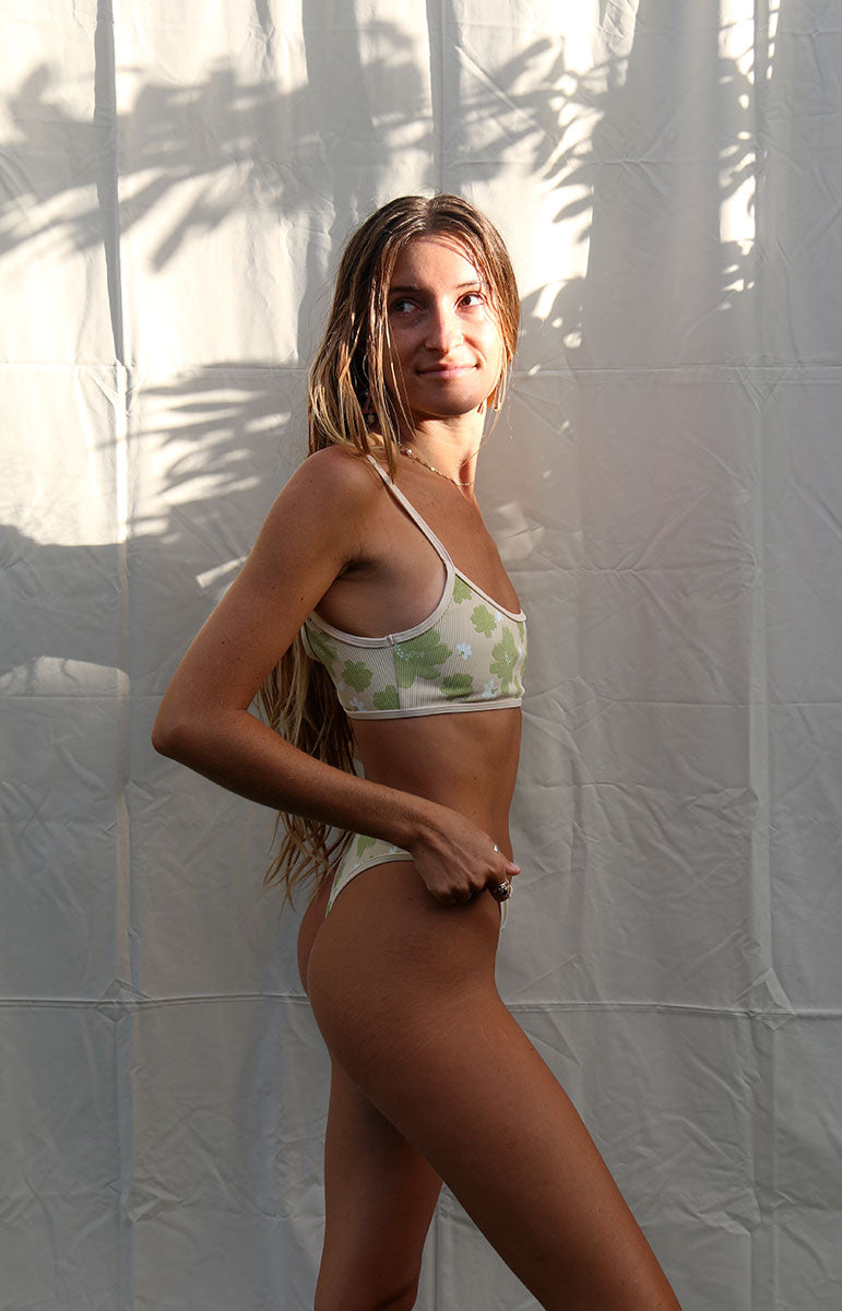 tai swim co quinn two tone kahakai bottom in green naupaka printed hawaiian flower print from hawaii small batch tiny minimal cheeky piping contrast swimsuits and swimwear from kailua oahu hawaii