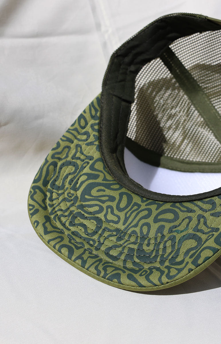 tai swim green hunter green foam trucker beach hat with custom tai swim co hand drawn logo art surf classic vintage hat with hidden print artwork sustainable eco friendly hat