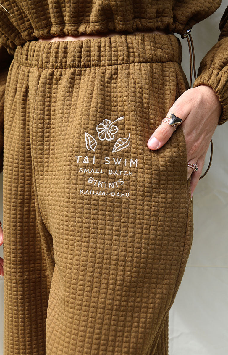 shaiann sweatpants in espresso lounge brown waffle textured beach cozy matching sustainable sets scrunchy waistband and oversized fitting sweatpants with matching crop top cozy matching bikini sweats and top