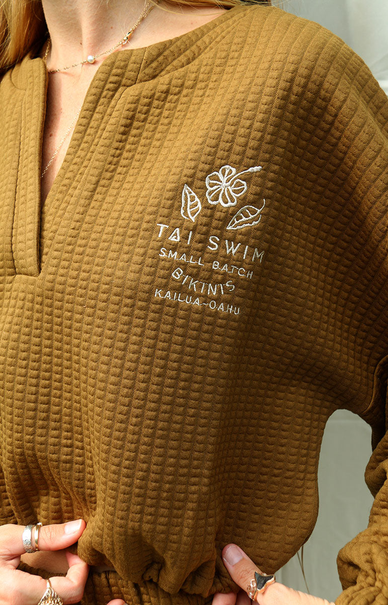 shaiann espresso tai swim co brown matching lounge set cozy comfy sustainable swimwear apparel and matching sweaters from hawaii with floral embroidery on front chocolate brown eco friendly lounge sets from hawaii v neck cozy sets