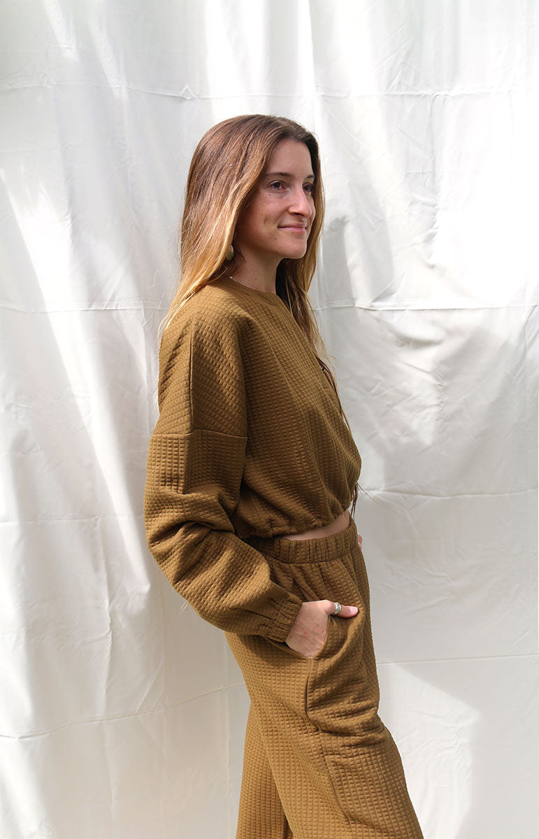 shaiann espresso tai swim co brown matching lounge set cozy comfy sustainable swimwear apparel and matching sweaters from hawaii with floral embroidery on front chocolate brown eco friendly lounge sets from hawaii cozy size inclusive bikinis