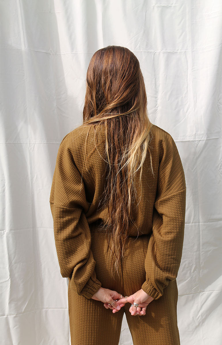 shaiann espresso tai swim co brown matching lounge set cozy comfy sustainable swimwear apparel and matching sweaters from hawaii with floral embroidery on front chocolate brown eco friendly lounge sets from hawaii long sleeve comfort sets