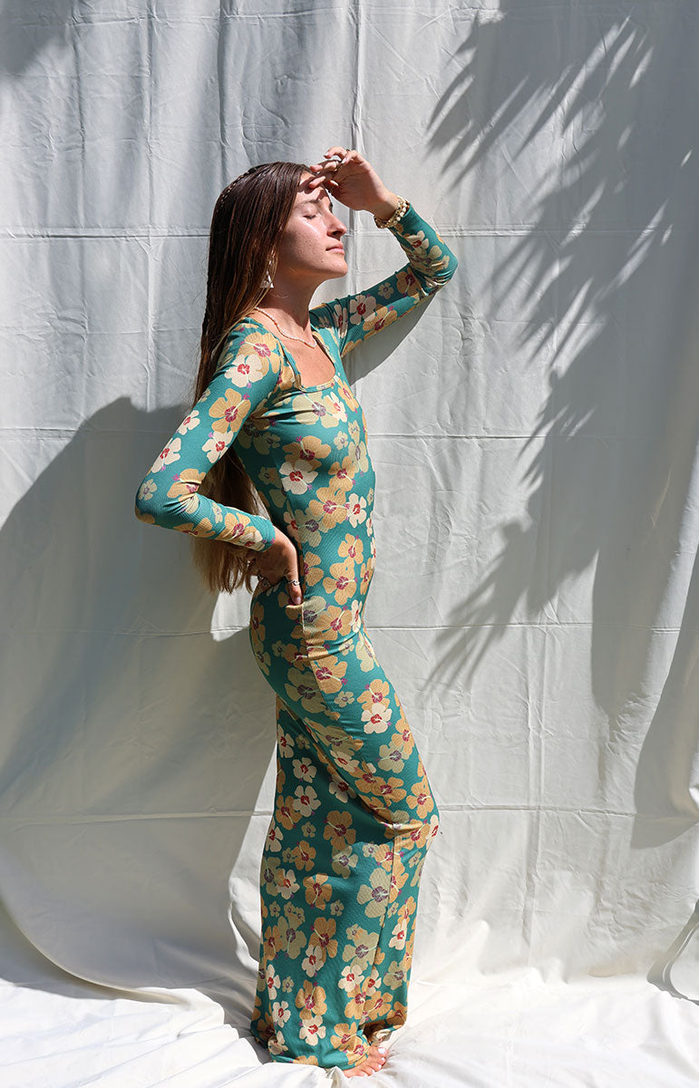 tai swim long sleeve starsea dress in milo green yellow floral hawaii print dress from oahu hawaii small batch sustainable bikini brand and maxi dress comfy clothing from oahu hawaiian islands design flowers matching bikini tops and bottoms skims hawaii style flower dress