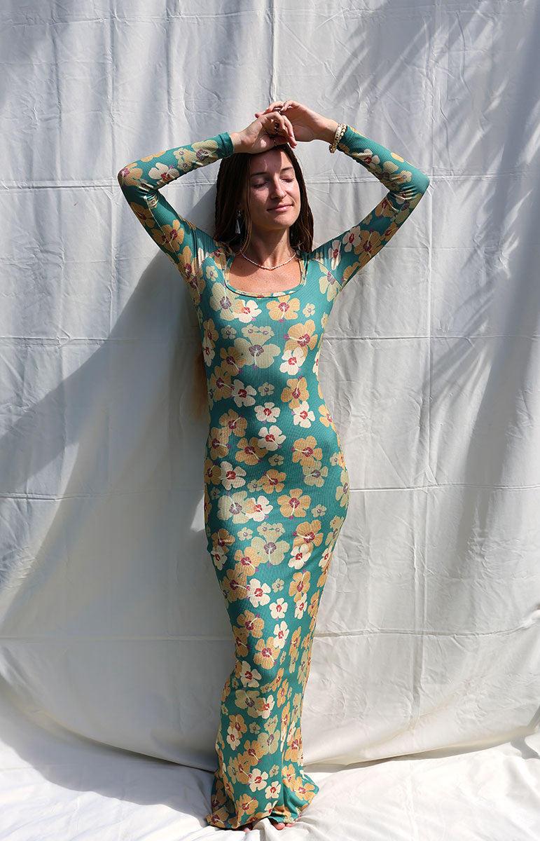 tai swim long sleeve starsea dress in milo green yellow floral hawaii print dress from oahu hawaii small batch sustainable bikini brand and maxi dress comfy clothing from oahu hawaiian islands design