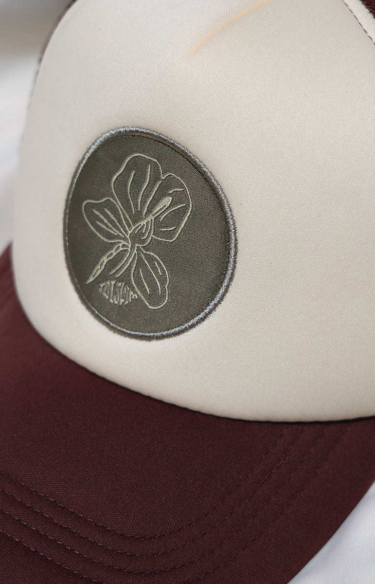 Maroon and beige cap with a tai swim logo in green ginger print on a white background brown yoga with maka collaboration event north shore oahu hawaii