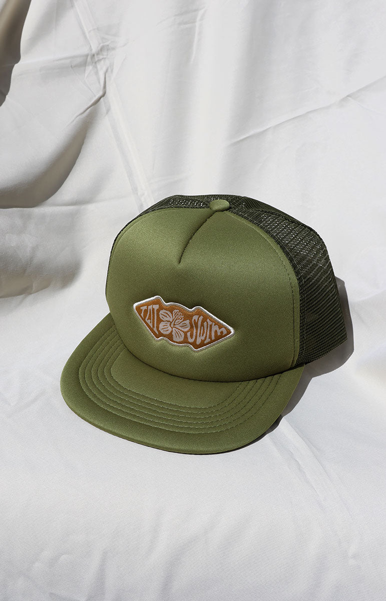 tai swim green hunter green foam trucker beach hat with custom tai swim co hand drawn logo art surf classic vintage hat