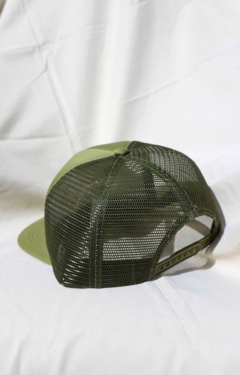 tai swim green hunter green foam trucker beach hat with custom tai swim co hand drawn logo art surf classic vintage hat with hidden print artwork sustainable eco friendly hat green adjustable back