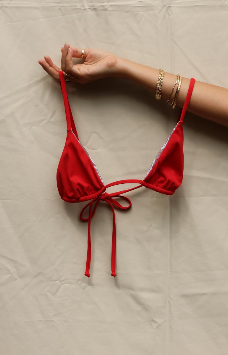 tai swim co joelle top in lehua red stringy cheeky adjustable tie back triangle top