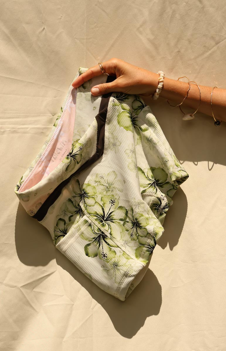 tai swim kylie shorts in keauhou green foldover watercolor painting hibiscus activewear pants with pocket green floral