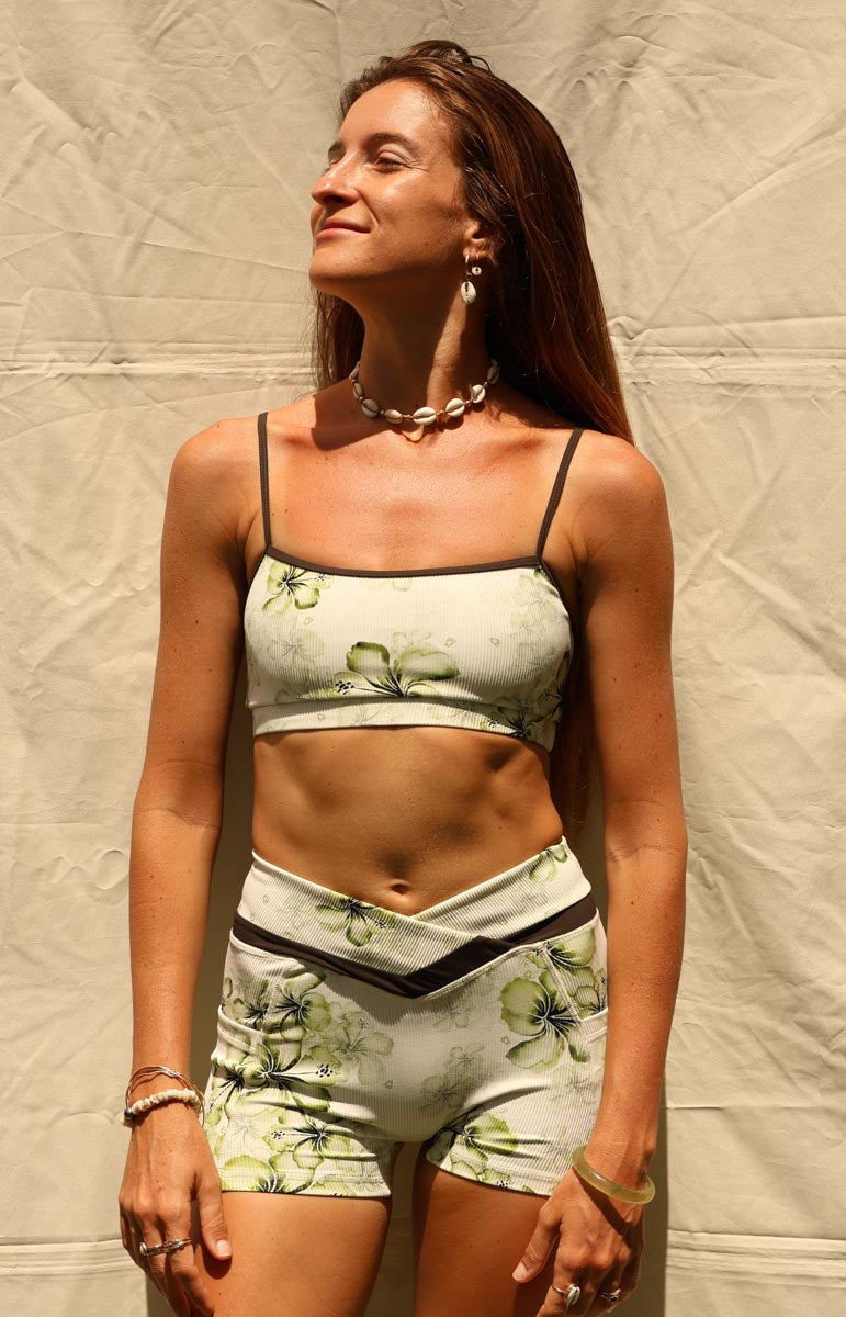 tai swim kylie shorts in keauhou green foldover watercolor painting hibiscus activewear pants with pocket green floral