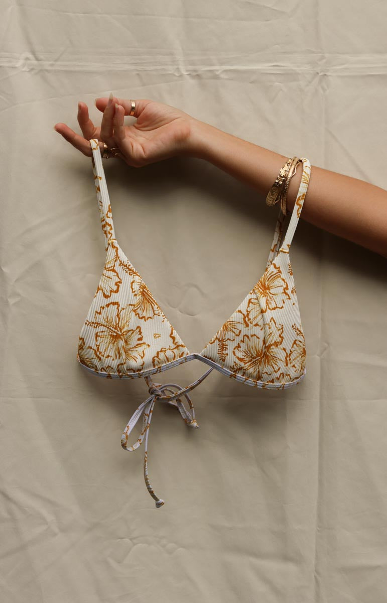 tai swim co lauryn top in waimea yellow floral hibiscus adjustable back strap bikini top