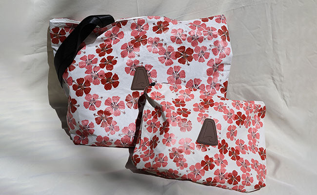 Floral-patterned bags on a light background