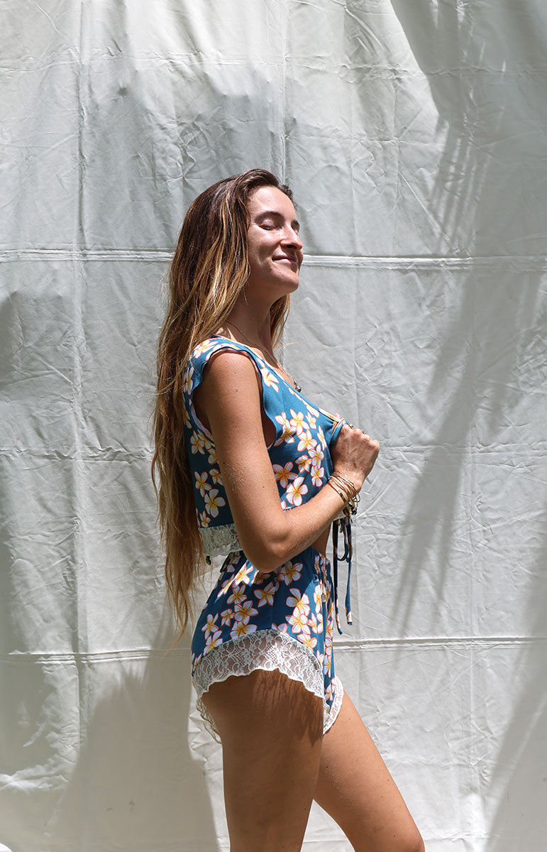 tai swim co maka lace top tie bottom scrunchy cotton waistband in floral plumeria shop keiko collaboration from hawaii kailua oahu swimwear and matching pajamas