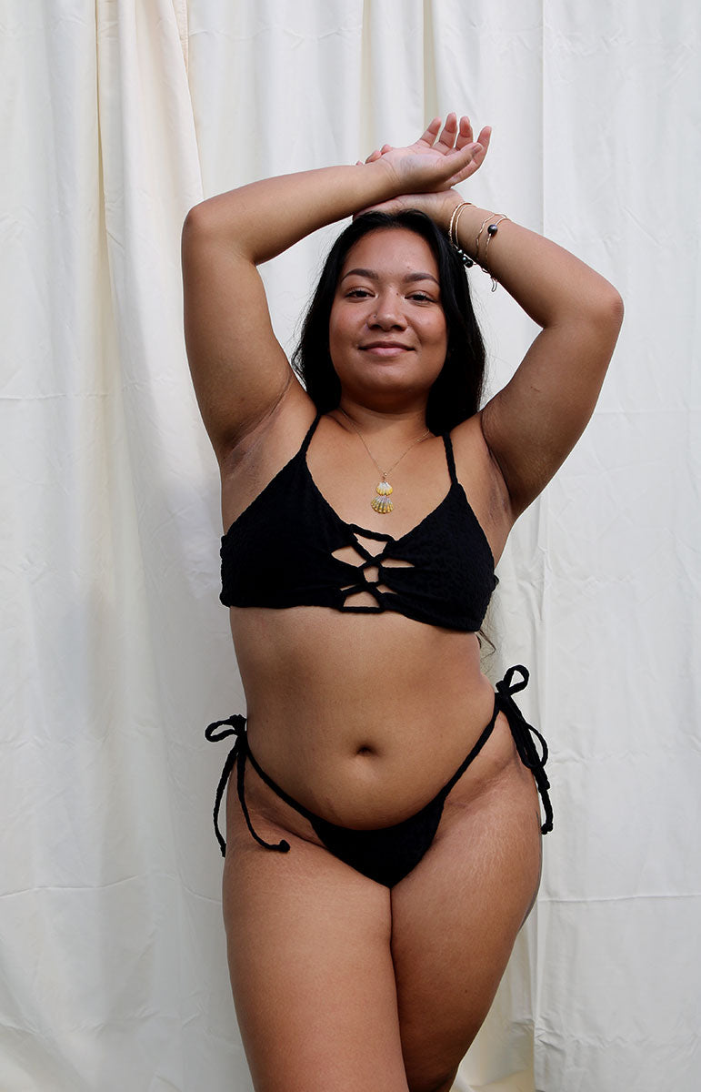 tai swim co evelyn bottom in hiwahiwa black strappy lace up side tie with animal print textured fabric hawaii cheeky bikinis