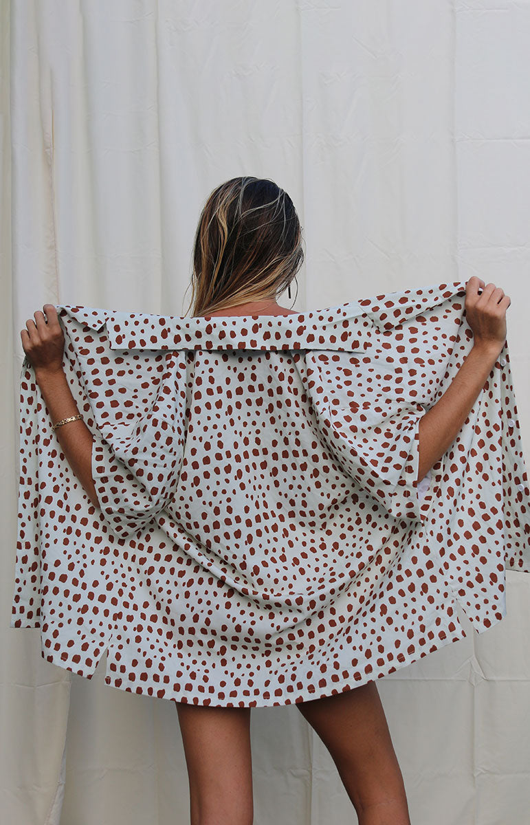 tai swim co braden shirt with shell print in tan spotted pattern sustainable cheeky swimwear with matching clothing