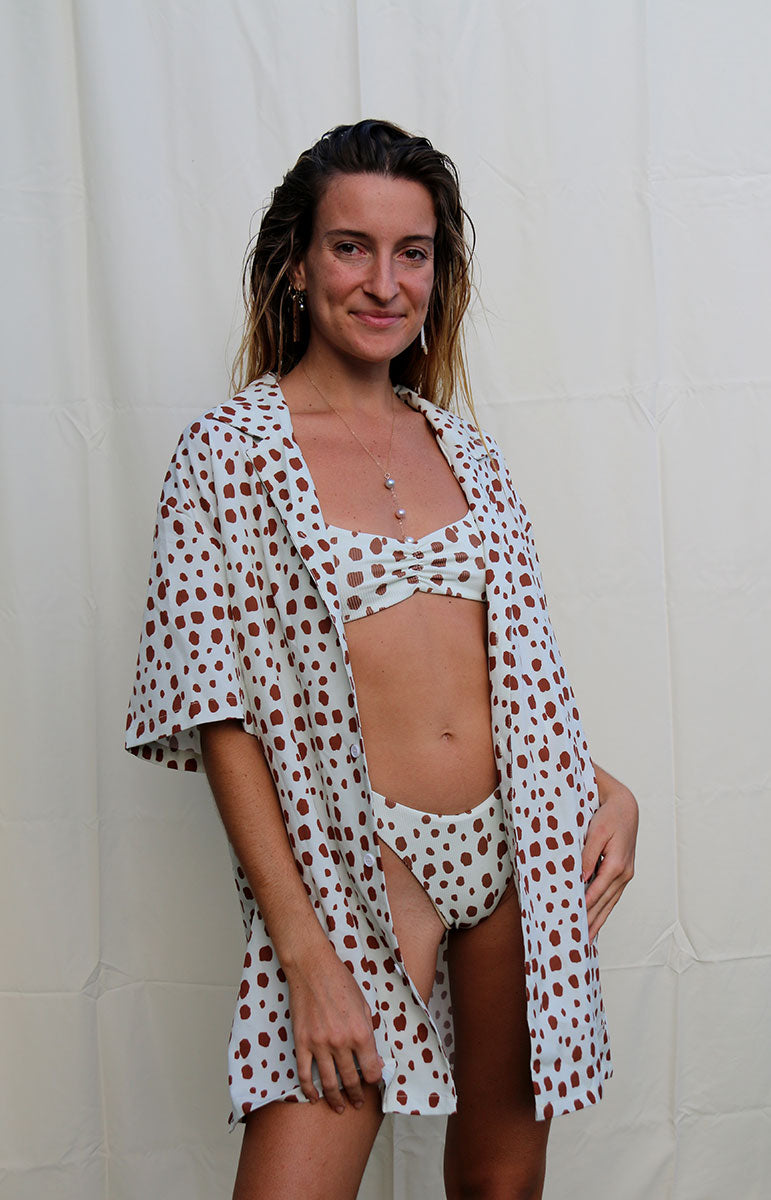 tai swim co braden shirt in kapa cone shell tan and white shell print