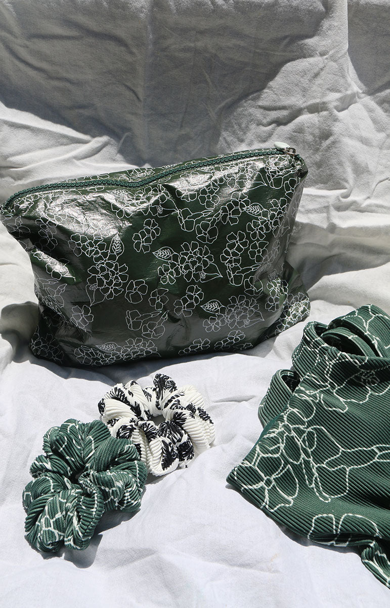 tai swim co matching bikini zipper pouch puakenikeni print green floral aloha collection bag