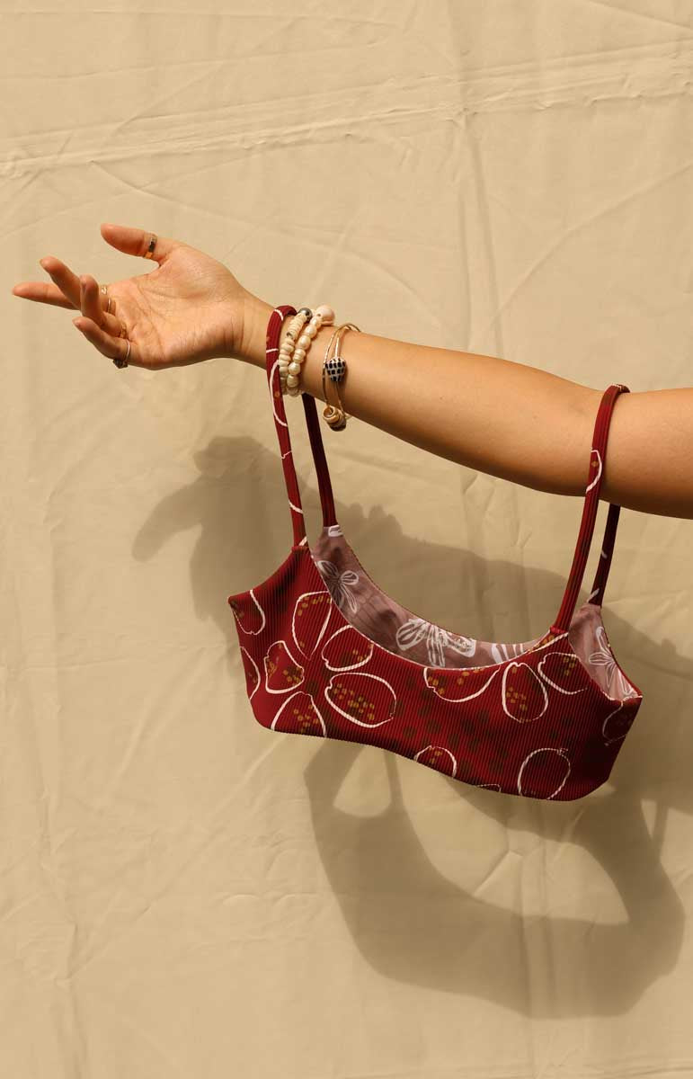 tai swim alana top and alana bottom in cowry red maroon shell pattern bikini on ribbed swim material 