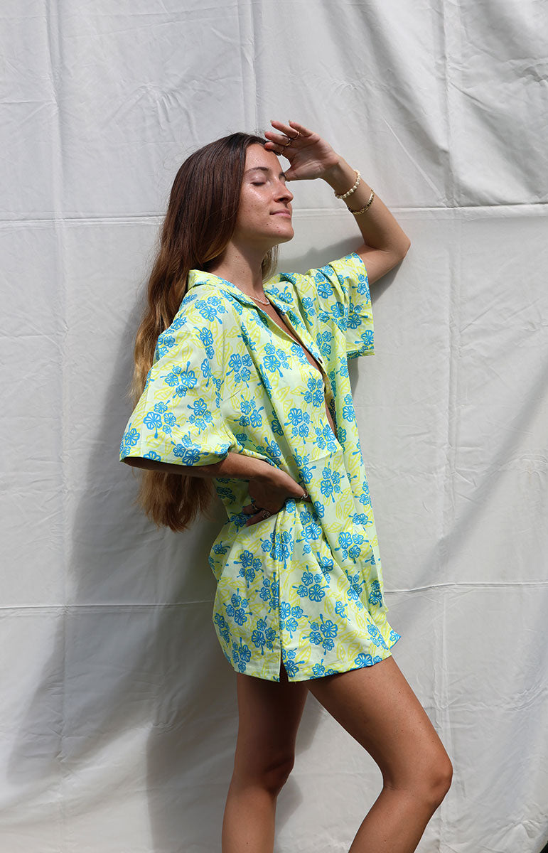 tai swim co braden shirt in avalon channel islands bikinis swimwear stores on catalina island blue hibiscus floral yellow swimwear tops and bottoms from hawaii sustainable skimpy swimsuits blue and yellow hibiscus hawaiian floral print