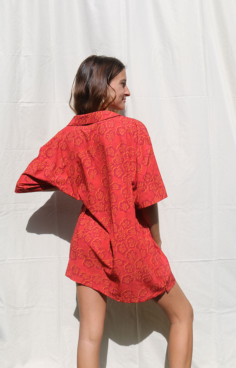 tai swim co braden shirt in red ewa floral hawaiian print woodblock textured comfy beach shirt long oversized beach dress kailua oahu hawaii